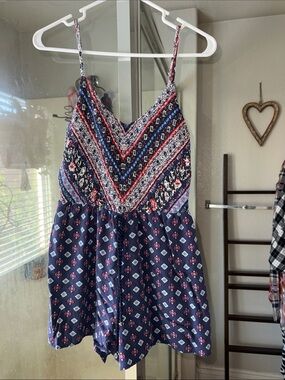 Xhilaration Navy Patterned Smocked Romper with Red Accents